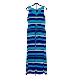 C.‎ Wonder Blue Aqua White Striped Sleeveless Maxi Dress Silk